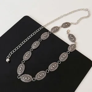 Vintage silver ethnic oval engraved metal chain belt for women's fashion outfits