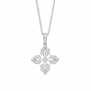 Elegante collana a fiore incrociato color argento con pavé di zirconi e catena a O.