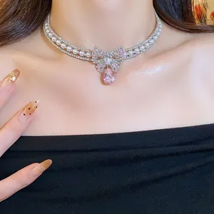 Elegant Korean style choker with pink zircon butterfly and teardrop gem detail for women.