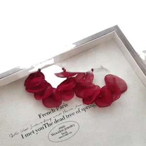 Elegant red fabric petal flower hoop earrings perfect for summer vacation beach style