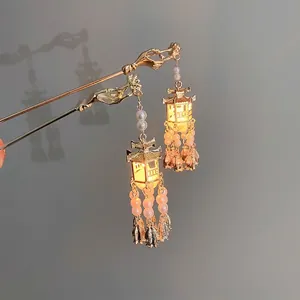 Elegant vintage Chinese style glowing lantern hairpin with pearls and long tassels
