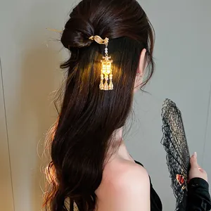 Chinese style glowing lantern hairpin with tassels and pearls for elegant updos