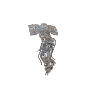 Sparkly silver rhinestone bow hair clip with long elegant tassels for women's hairstyle