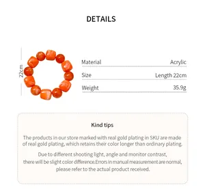 Detailed view of orange acrylic beaded bracelet with size and material specifications