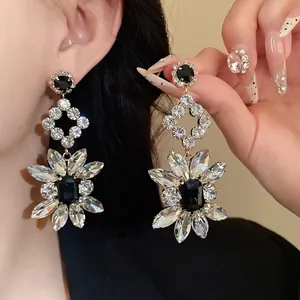 Luxury Copper Rhinestone Rhombus Flower Drop Earrings With 925 Sterling Silver Earring Post Vintage Gold Black Jewelry For Women