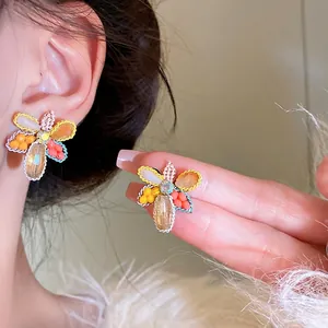 Fashion Flower Artificial Crystal Stud Earrings 925 Sterling Silver Earring Post For Women Rhinestone Inlaid Floral Earrings