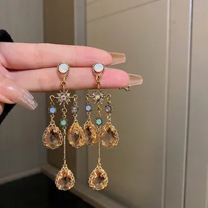 Vintage palace style star and amber crystal waterdrop tassel earrings with silver needles