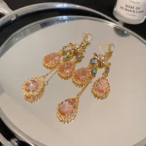 Elegant silver needle star crystal teardrop tassel earrings in French luxury style