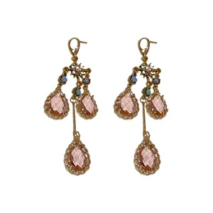 Elegant vintage French style pink crystal water drop tassel earrings with star design