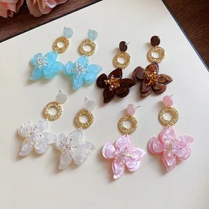 Forest Style Resin Flower Pendant Stud Earrings For Women With Silver Post Hammered Gold Ring Rhinestone Jewelry