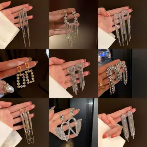 Luxury Alloy Full Rhinestone Bow Tassel Drop Earrings For Women Elegant Celebrity 925 Sterling Silver Earring Post Party Jewelry
