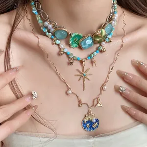 Bohemian layered necklace set with shell star pendant and turquoise beads for women