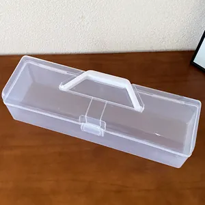 Close-up view of a portable transparent plastic storage box with a sturdy white handle