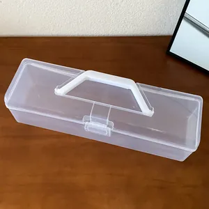 Detailed view of the portable transparent plastic storage box with white handle and secure latch