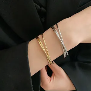 Bracciale Rigido Aperto a Croce a Più Strati in Lega Minimalista Europeo Americano per Donna Oro Argento Gioielli Geometrici