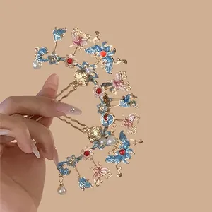 Elegant enamel butterfly flower hair stick accessory with pearls in traditional style
