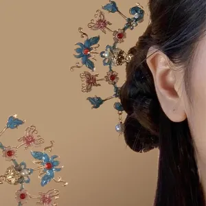 Traditional enamel butterfly and flower hairpin with pearl tassel accessory