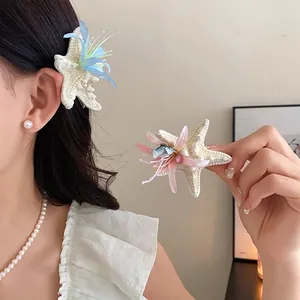 Starfish Flower Fabric Hair Clip For Women Rhinestone Artificial Pearl Inlaid Beach Vacation Sweet Daily Side Hair Claw Jewelry