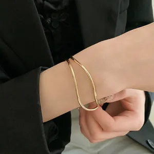 Dettaglio ravvicinato di un bracciale rigido dorato multistrato indossato sul polso.