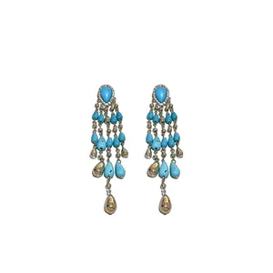 Bohemian turquoise teardrop tassel drop earrings with sparkling rhinestone accents