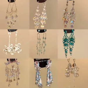 Ethnic 925 Sterling Silver Earring Post Alloy Rhinestone Water Drop Tassel Earrings For Women Vintage Light Luxury Dangle Jewelry