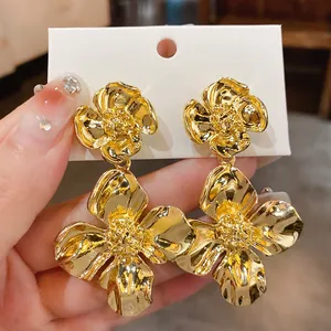 Vintage Gold Alloy Double Flower Drop Earrings With 925 Sterling Silver Earring Post Chunky Floral Studs Jewelry For Women
