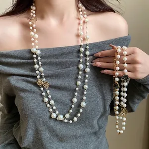 French Vintage Double Layer Artificial Pearl Necklace Camellia Flower Hollow Inlaid Rhinestone Sweater Chain For Women Jewelry