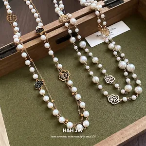 French vintage pearl double-layer necklace with elegant camellia flower charm