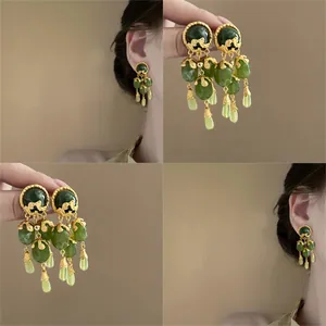 Vintage Palace Style Alloy Tassel Drop Earrings With Silver Earring Post Green Artificial Pearl Women Jewelry