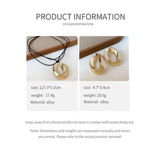 Specifications for minimalist gold-tone alloy necklace and earrings with size and weight info.