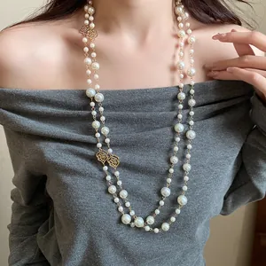 French style double-layered pearl necklace with vintage gold rose flower accents