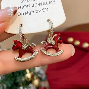 Red Enamel Rocking Horse Ear Hoops With 925 Sterling Silver Earring Post Zirconia Inlaid Copper Horse Drop Earrings Women Jewelry