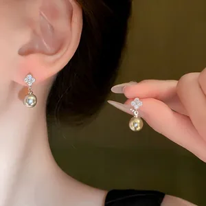 Elegant Zirconia Flower Artificial Pearl Stud Earrings For Women With 925 Sterling Silver Earring Post Copper Chic Jewelry