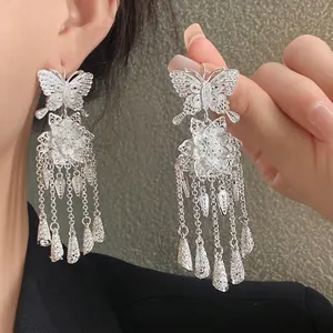 Boucles d'Oreilles de Style Chinois Ajouré Papillon Fleur Gland Ethnique Vintage Argent Boucles d'Oreilles Pendantes pour Femme Bijoux