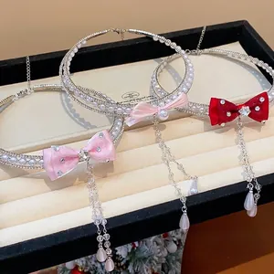 Sparkling zircon pearl butterfly choker necklace with elegant dangling tassels decor