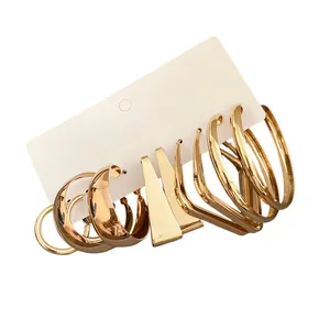 Set of 6 pairs gold-colored chunky hoop and geometric drop earrings for women fashion