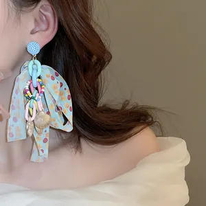 Bohemian colorful shell beaded earrings with blue tassel ribbon for vacation style