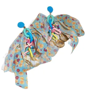 Colorful dopamine style shell bead tassel earrings with blue dotted ribbon for beach vacation