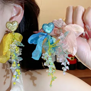 Sweet Heart Resin Stud Earrings With Chiffon Flower Beads Tassel Drop Design 925 Sterling Silver Earring Post For Women