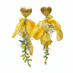 Elegant handmade yellow chiffon flower earrings with golden heart studs for women
