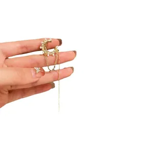 Elegant gold plated pearl tassel ear cuff with dangling long chain for non-pierced ears