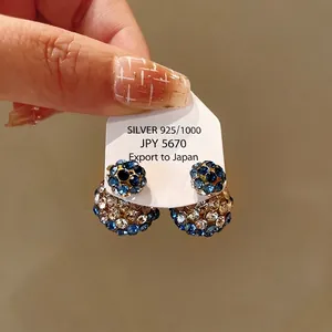 Elegant silver needle double-sided rhinestone ball stud earrings with blue stones