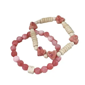 Handmade pink ceramic heart and bead bracelet set for women, dopamine style jewelry
