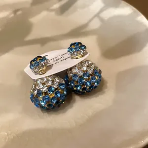 Elegant sparkling blue and white rhinestone double ball earrings with 925 silver needle detail