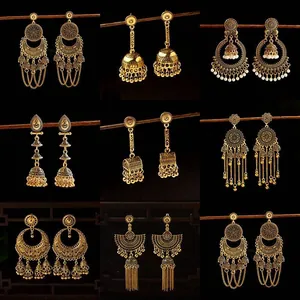 Vintage Metal Tassel Jhumka Earrings Luxury Ethnic Bohemian Style Alloy Rhinestone Artificial Pearl Long Drop Earrings For Women