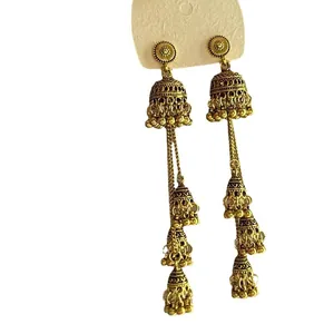 Eleganti orecchini pendenti vintage oro a nappa con design a campana Jhumka a strati