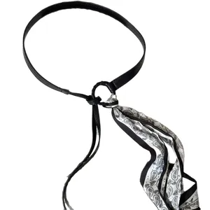 Ethnic style paisley print silk scarf belt featuring a black leather strap and metal ring