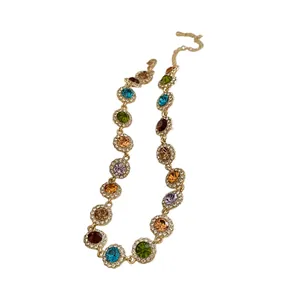 Vintage bunte Halskette mit runden Strasssteinen elegante vergoldete Schlüsselbeinkette Damen