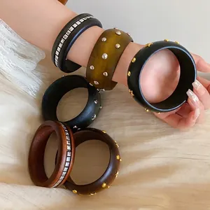 Neuer Chinesischer Stil Holz Manschetten Armband Metall Eingelegt Retro Geometrischer Armreif Mode Handgemachter Schmuck Für Damen