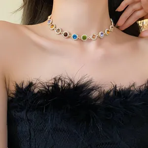 Elegante Detailaufnahme einer bunten Strasshalskette am Hals mit schwarzem Federkleid
